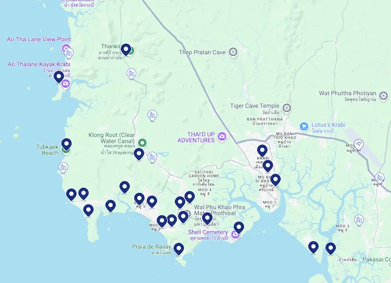 Mapa de hotéis em Krabi Mapa de hotéis em Krabi