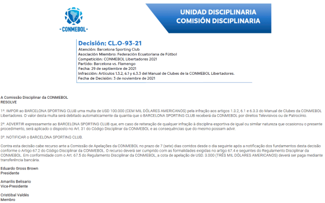 Captura de tela 2025-06-05 160213 Multa e advertência da Conmebol contra Segundo Castillo e o Barcelona-EQU